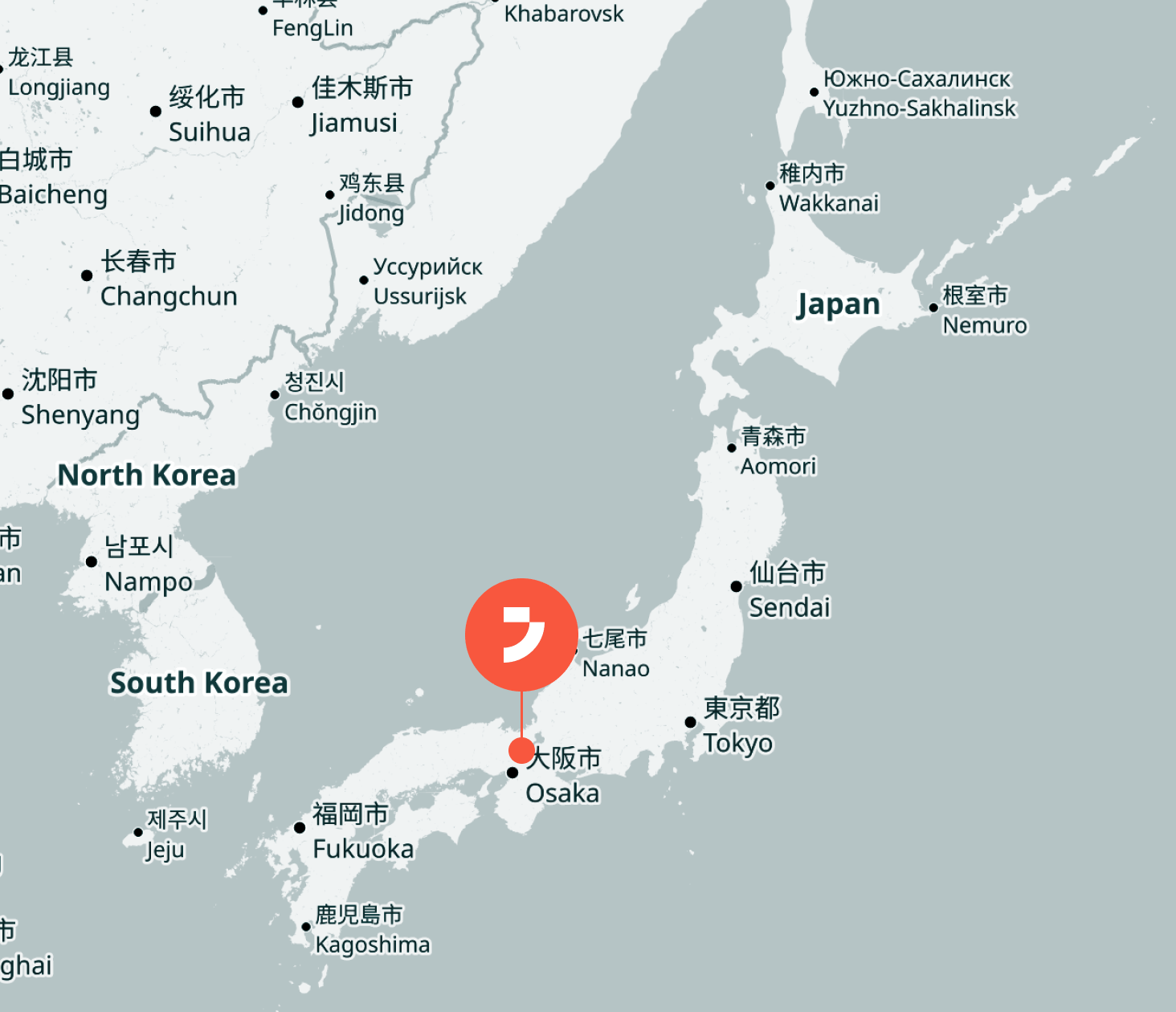 Landkarte von Japan mit hervorgehobener Region um Osaka und Kyoto, eingebettet zwischen Korea und dem asiatischen Festland, mit markierten St&auml;dten und Grenzen.